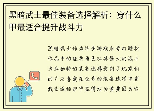 黑暗武士最佳装备选择解析：穿什么甲最适合提升战斗力